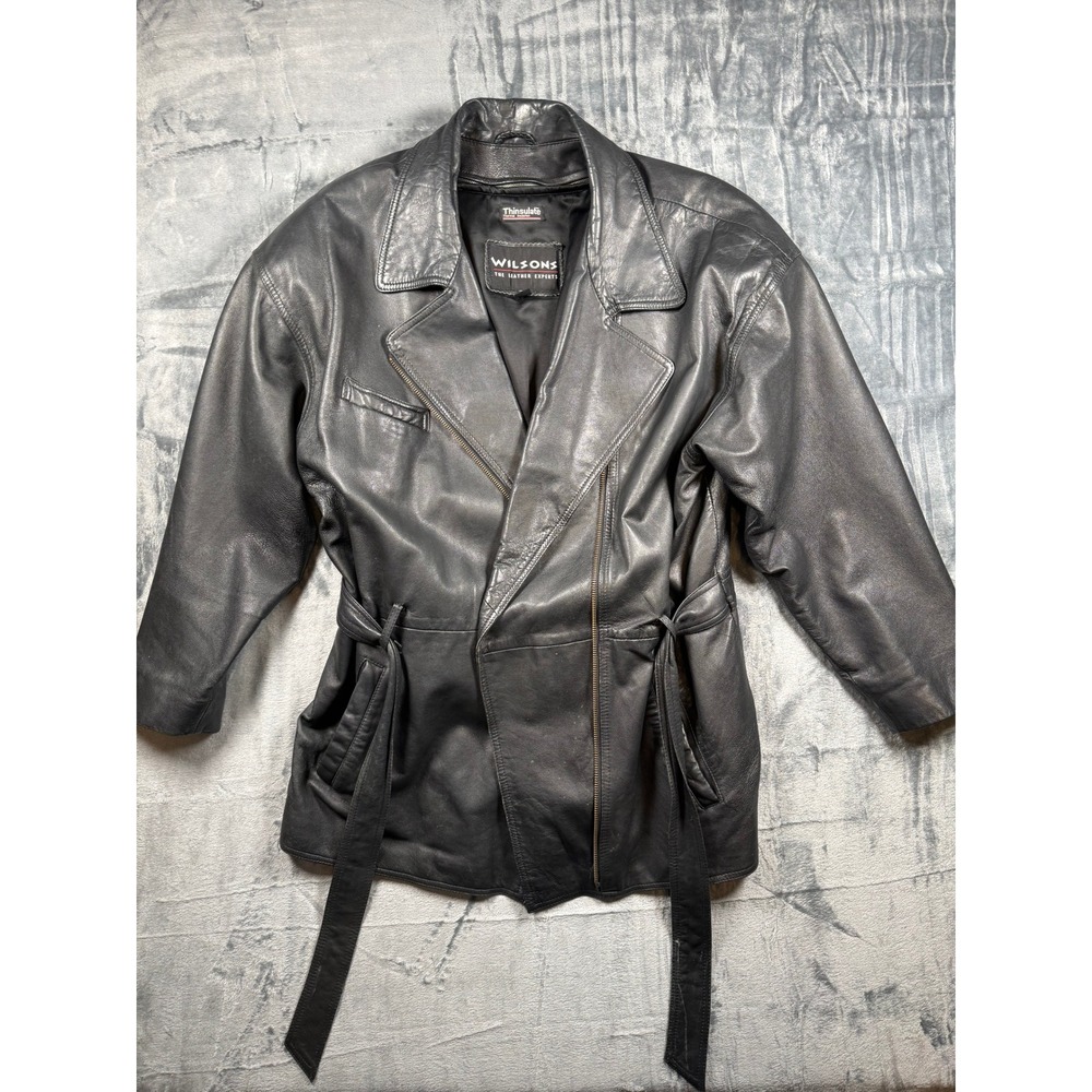 Wilsons Leather Jacket Womens M Black Thinsulate Wrap Belted Asymmetrical Vtg